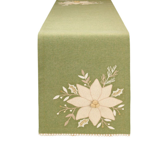 Runner natalizio in tessuto materico fiammato color verde salvia con grande ricamo a rilievo di stella di Natale panna e oro alle estremità, rifinito con bordo a passamaneria, collezione Silent Gold Nuvole di Stoffa, Tutto Chic.
