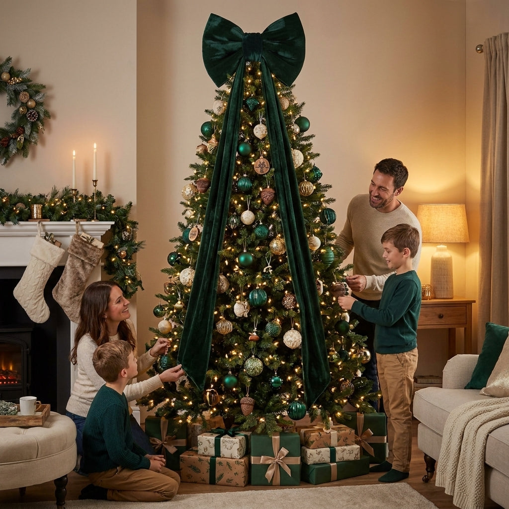 Fiocco gigante natalizio in velluto verde scuro alto 210 cm con nastri lunghi 150 cm modello EDG Enzo De Gasperi, collocao su un albero di natale.
