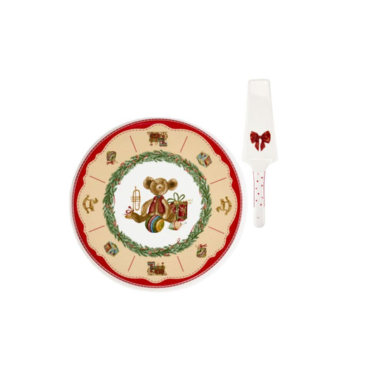 Set torta in ceramica Nuvole di Stoffa con piatto diametro 32 cm e paletta coordinata, disegno orsetto Teddy Bear e giocattoli vintage, collezione Vintage Toys, Tutto Chic.