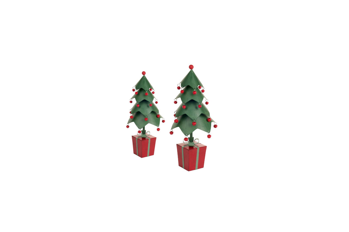 Set di due alberi di Natale stilizzati in metallo verde con base a forma di pacco regalo rosso e palline pendenti, collezione Vintage Toys Nuvole di Stoffa, Tutto Chic.