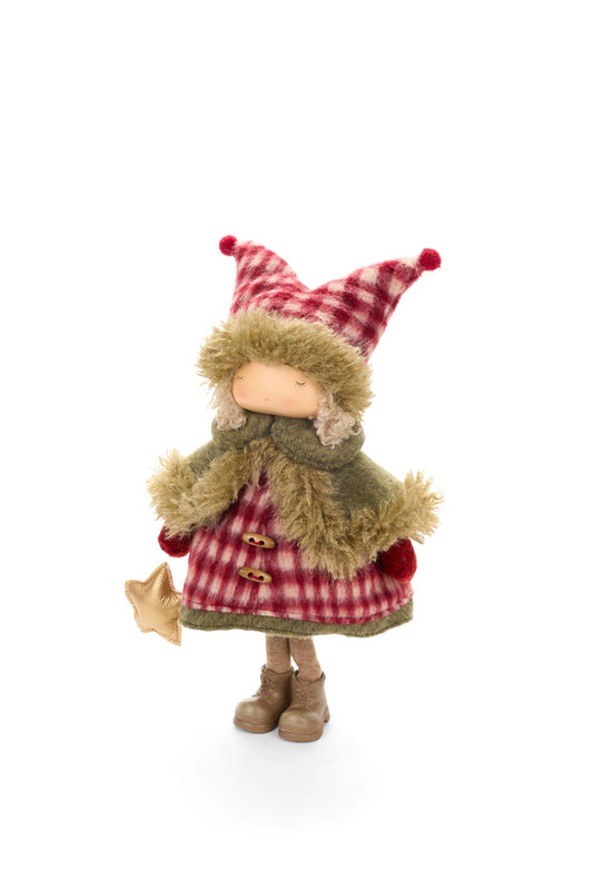 Decorazione natalizia Ragazza con Pellicciotto e Stella della collezione Vintage Toys di Nuvole di Stoffa, alta 40 cm, vestita con cappottino a quadri, mantella verde e cappello a punta con pompon.