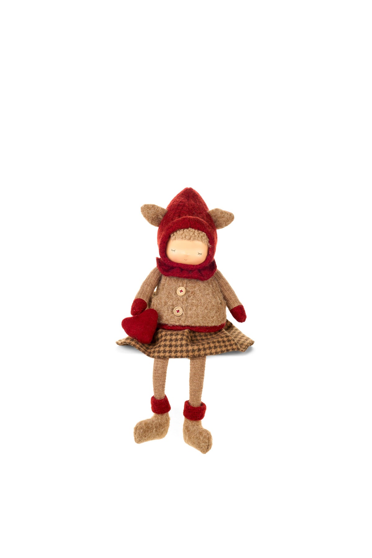 Bambola ragazza in stoffa da 52 cm con cappuccio rosso, gonna a quadretti e cuore rosso in mano, collezione Vintage Toys di Nuvole di Stoffa.