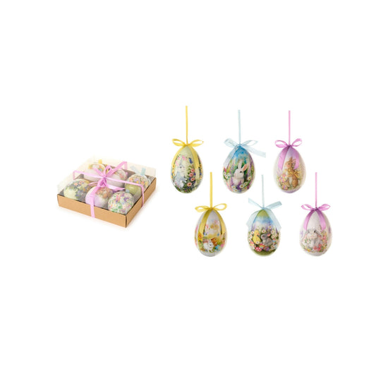 Rendi la Pasqua ancora più allegra con la confezione di 6 uova in decori assortiti. Dimensioni singolo uovo: cm 7 x 10 h. In negozio e online su tuttochic.live