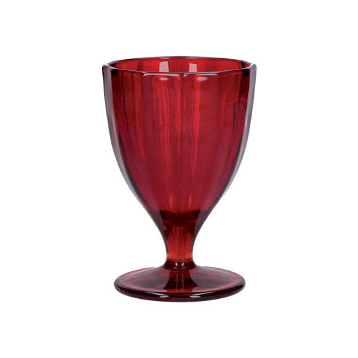 Confezione 6 calici in vetro lavorato di colore rosso rubino. Capacità: cc 300 - Dimensioni: Ø 8,5 - h 13 cm. Lavabili in lavastoviglie. In negozio e online su tuttochic.live
