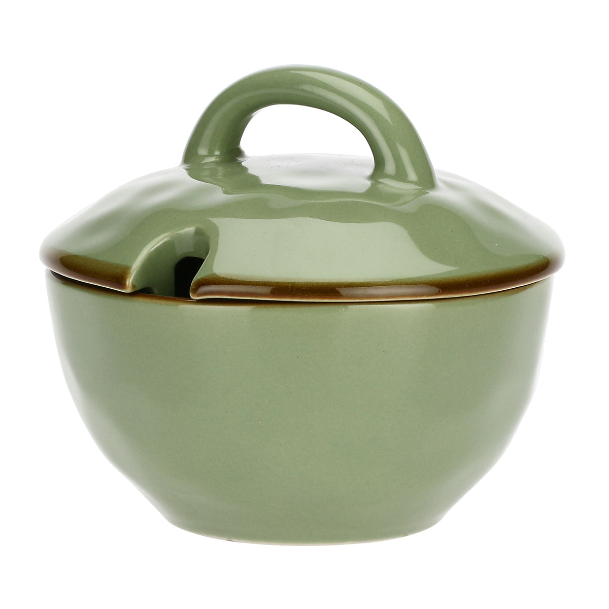 Zuccheriera con coperchio in porcellana di colore verde oliva. Dimensioni: Ø 11 cm, 250 cc Materiali: Stoneware. In negozio e online su tuttochic.live