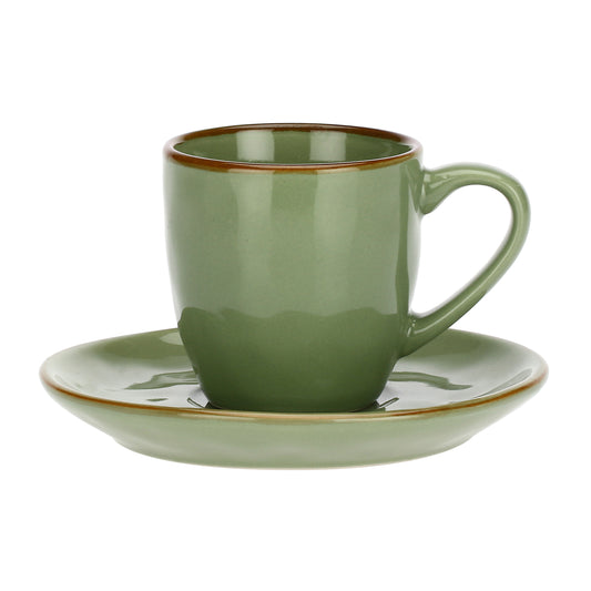 Tazzina da caffè con piattino di colore verde oliva della linea Concerto. Capacità: 90 cc Lavabile in lavastoviglie. In negozio e online su tuttochic.live