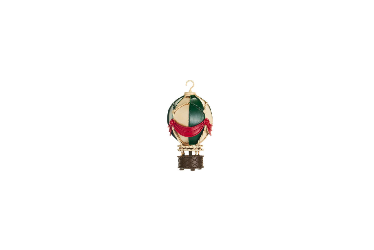 Mongolfiera decorativa in metallo vintage da 14,5 cm verde bosco, panna e rossa, collezione Vintage Toys di Nuvole di Stoffa.