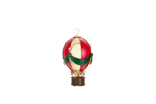 Mongolfiera decorativa in metallo vintage da 23 cm con spicchi rosso rubino e crema e drappeggi verdi, collezione Vintage Toys di Nuvole di Stoffa.