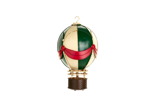 Mongolfiera decorativa in metallo vintage da 30 cm con spicchi verde bosco e panna e festoni rossi, collezione Vintage Toys di Nuvole di Stoffa.