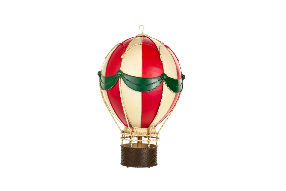 Mongolfiera decorativa grande in metallo vintage da 47 cm con spicchi rossi e panna e drappeggi verdi, collezione Vintage Toys di Nuvole di Stoffa.