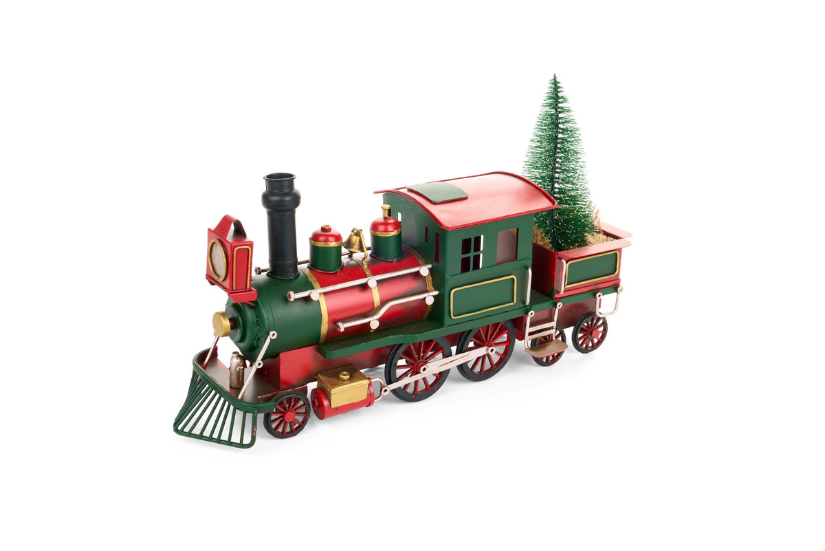 Treno natalizio vintage in metallo rosso, verde e oro con alberello di Natale nel vagone posteriore, collezione Vintage Toys di Nuvole di Stoffa.
