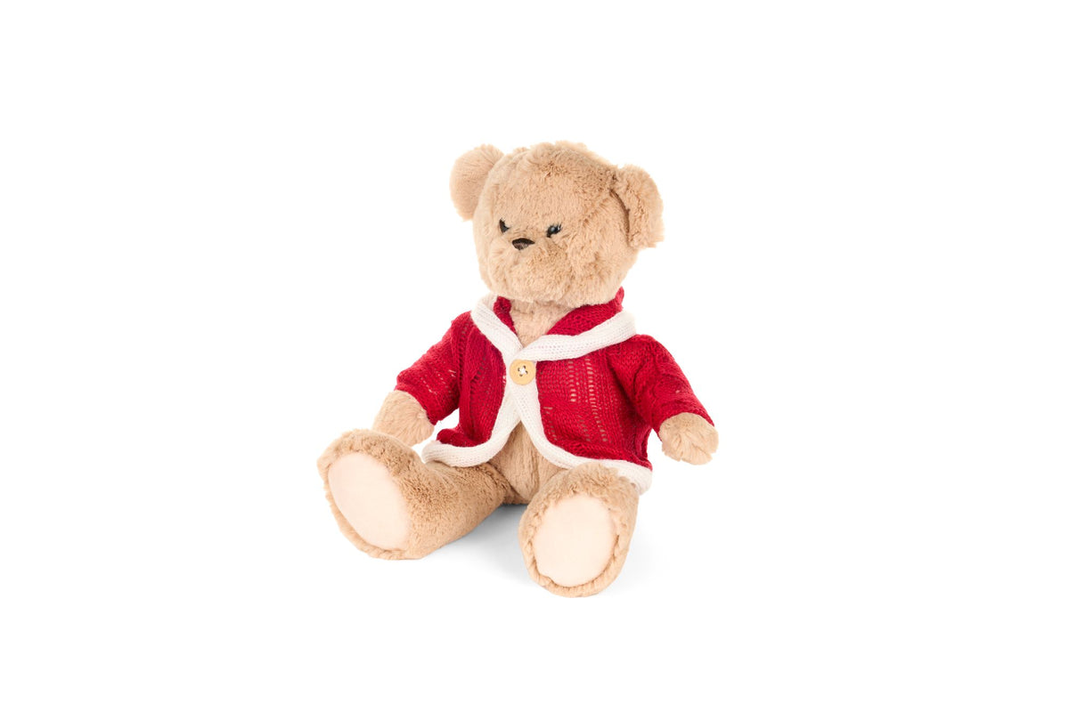 Piccolo orsetto di peluche Vintage Toys di Nuvole di Stoffa alto 20 cm, color miele da seduto con giacca rossa in maglia e bottone in legno.