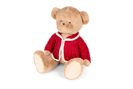 Orso di peluche Vintage Toys di Nuvole di Stoffa alto 40 cm, colore miele da seduto con giacca rossa in maglia e bottone in legno.