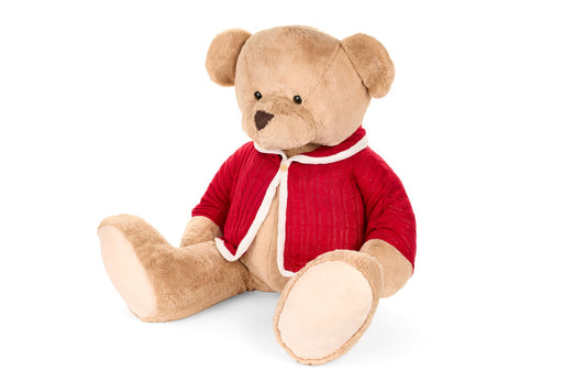 Orso di peluche Vintage Toys di Nuvole di Stoffa alto 60 cm, colore nocciola da seduto con giacca rossa in maglia e bottone in legno.