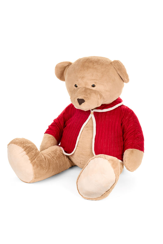 Orso di peluche gigante Vintage Toys di Nuvole di Stoffa alto 80 cm, colore nocciola da seduto con giacca rossa in maglia e bottone in legno.