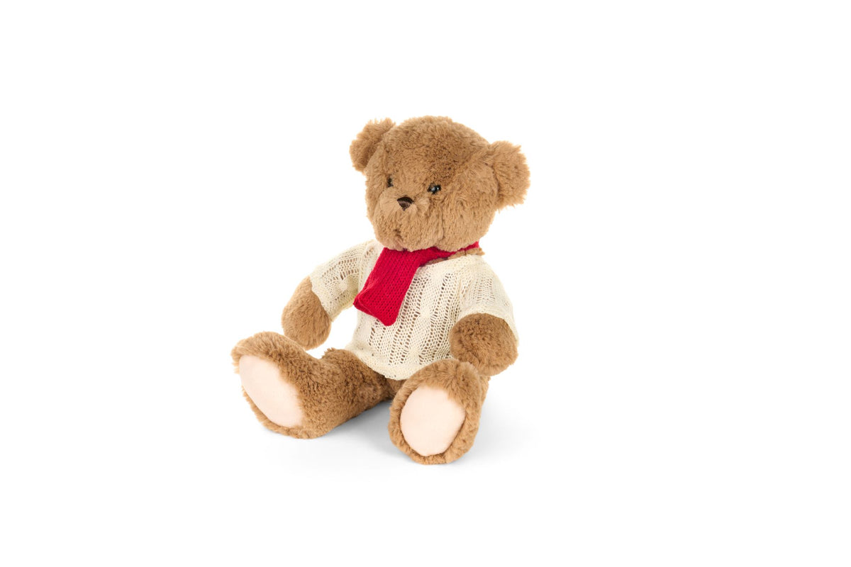 Orsetto di peluche marrone seduto con maglione bianco in maglia e sciarpa rossa, collezione Vintage Toys Nuvole di Stoffa, decorazione natalizia, Tutto Chic.