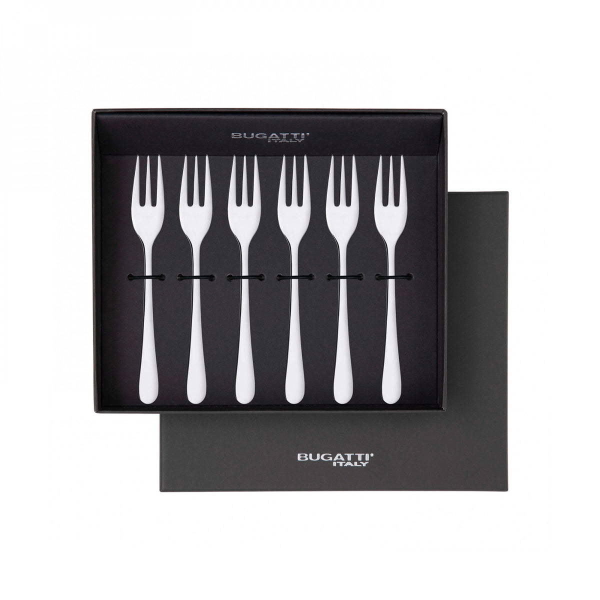 Set 6 Forchettine dolce con 3 punte modello Siena con finitura lucida a specchio, in scatola regalo. Acciaio inox. In negozio e online su tuttochic.live