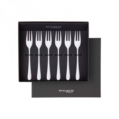 Set 6 Forchettine dolce con 3 punte modello Siena con finitura lucida a specchio, in scatola regalo. Acciaio inox. In negozio e online su tuttochic.live