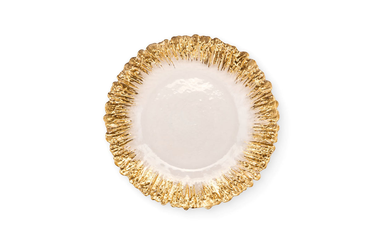Set da sei sottopiatti natalizi in vetro completamente trasparente con bordo frastagliato color oro lucido, diametro 33 cm, collezione Silent Gold Nuvole di Stoffa, Tutto Chic.
