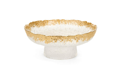 Alzata portafrutta natalizia grande in vetro trasparente lavorato con bordo ondulato color oro lucido, diametro 26 cm e altezza 10,5 cm, collezione Silent Gold Nuvole di Stoffa, Tutto Chic.