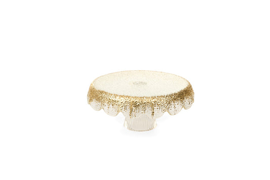 Alzatina per dolci e torte in vetro trasparente con stelo scanalato e bordo ondulato decorato con texture a gocce oro lucido, diametro 20 cm, Nuvole di Stoffa, Tutto Chic.