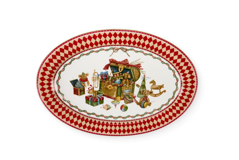 Piatto portata ovale in ceramica Nuvole di Stoffa collezione Vintage Toys con disegni di giocattoli antichi e bordo a rombi rossi, Tutto Chic.