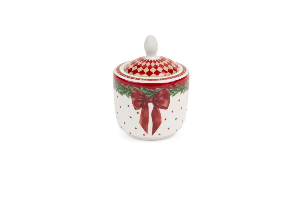 Zuccheriera natalizia in ceramica con decorazioni di giocattoli vintage e scatola regalo, collezione Vintage Toys Nuvole di Stoffa, Tutto Chic.