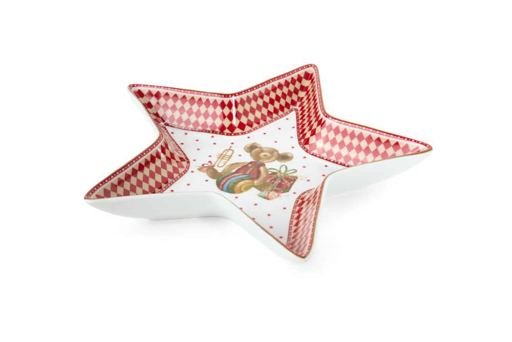 Piatto natalizio a forma di stella in ceramica con decorazioni di giocattoli vintage e bordo rosso, collezione Vintage Toys Nuvole di Stoffa, Tutto Chic.