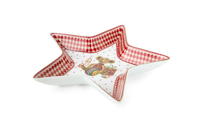 Piatto natalizio a forma di stella in ceramica con decorazioni di giocattoli vintage e bordo rosso, collezione Vintage Toys Nuvole di Stoffa, Tutto Chic.