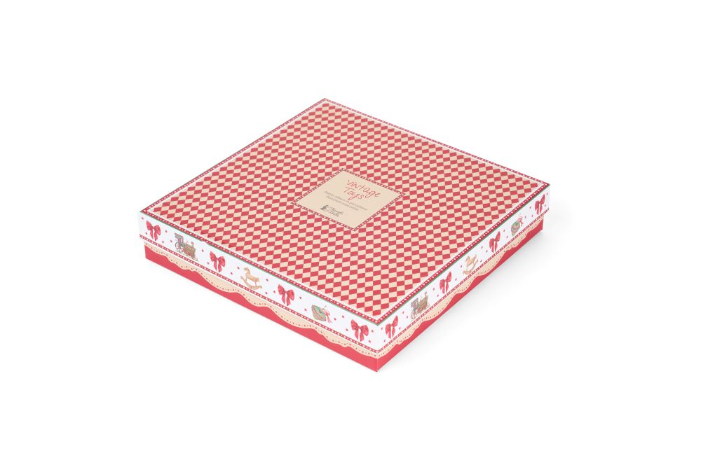 Set di due piatti in ceramica a forma di albero di Natale con decorazioni vintage di schiaccianoci e giocattoli antichi, collezione Vintage Toys Nuvole di Stoffa, Tutto Chic.