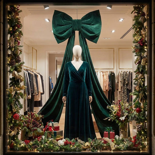 Fiocco gigante natalizio in velluto verde scuro alto 210 cm con nastri lunghi 150 cm modello EDG Enzo De Gasperi.