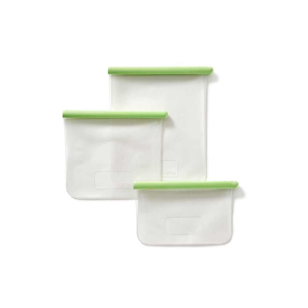 Borse riutilizzabili in silicone platinico in 3 diverse dimensioni per conservare ermeticamente il cibo solido e preservarlo in frigoriferi e congelatori. Lavabili in lavastoviglie. In negozio e online su tuttochic.live