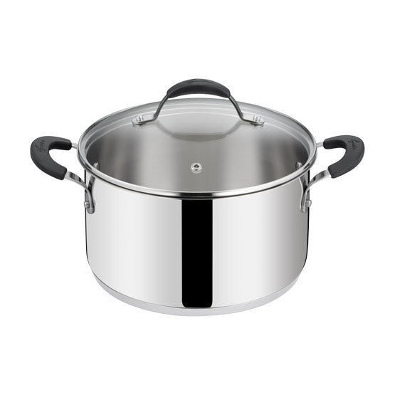 Casseruola fonda in acciaio inox con fondo Lagotherm coperchio in vetro e manici rivettati in silicone nero linea Tempra Acciaio di Lagostina.