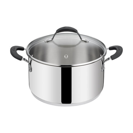 Casseruola fonda in acciaio inox con fondo Lagotherm coperchio in vetro e manici rivettati in silicone nero linea Tempra Acciaio di Lagostina.
