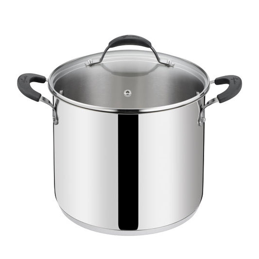 Pentola alta in acciaio inox con fondo Lagotherm coperchio in vetro e manici rivettati in silicone nero linea Tempra Acciaio di Lagostina.