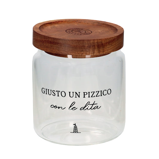 Barattolo per sale in vetro borosilicato trasparente decorato con tappo ermetico in legno scuro. cm ø 9 x h 10 - 400 ml. In negozio e online su tuttochic.live