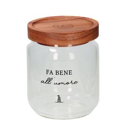 Barattolo per zucchero in vetro borosilicato trasparente decorato con tappo ermetico in legno scuro. cm ø 9 x h 10 - 400 ml. In negozio e online su tuttochic.live