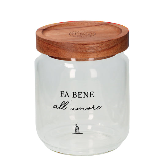 Barattolo per zucchero in vetro borosilicato trasparente decorato con tappo ermetico in legno scuro. cm ø 9 x h 10 - 400 ml. In negozio e online su tuttochic.live