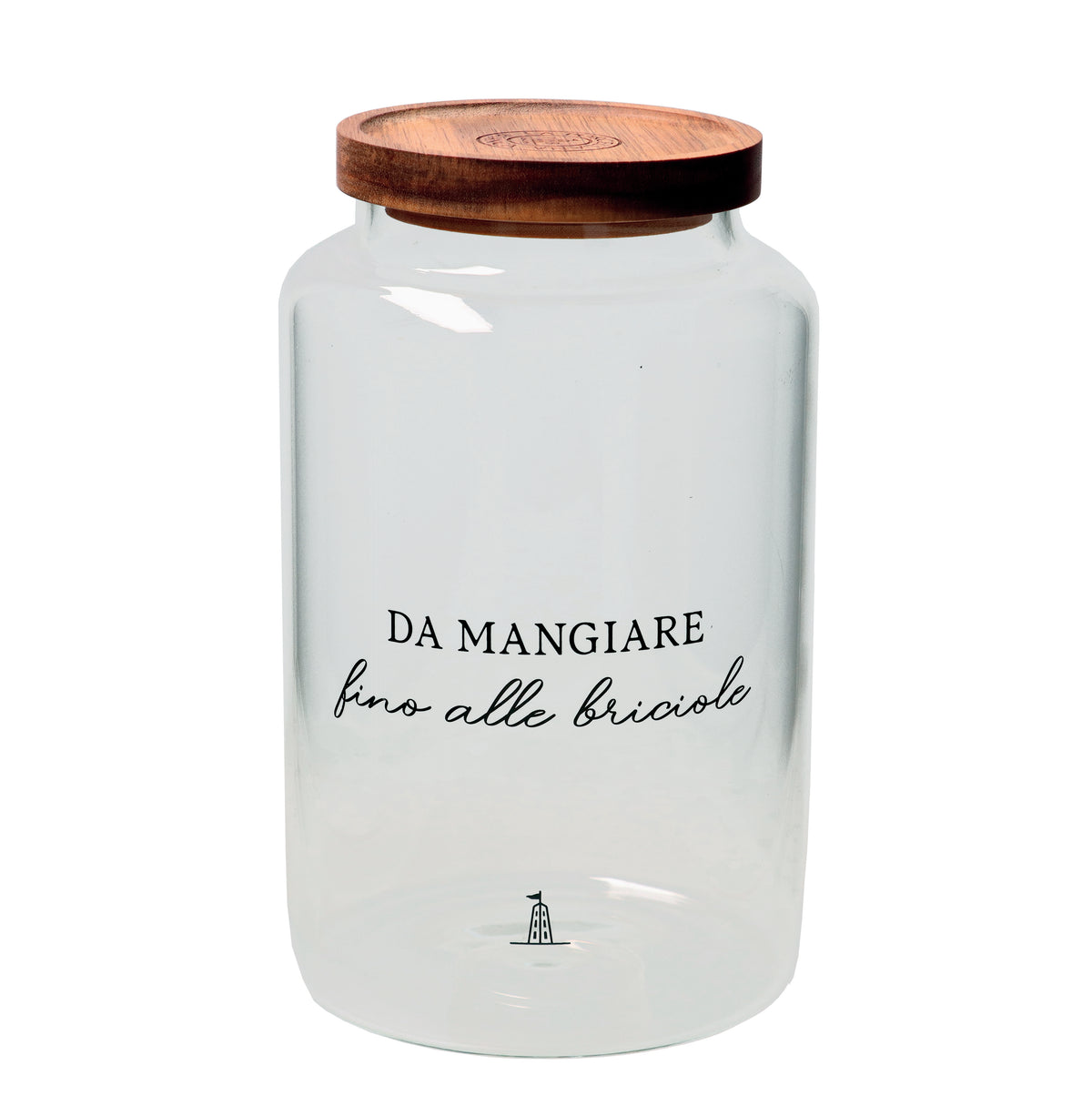 Biscottiera in vetro borosilicato trasparente decorato con tappo ermetico in legno scuro. Cm ø 14 x h 24 - 3000 ml. In negozio e online su tuttochic.live