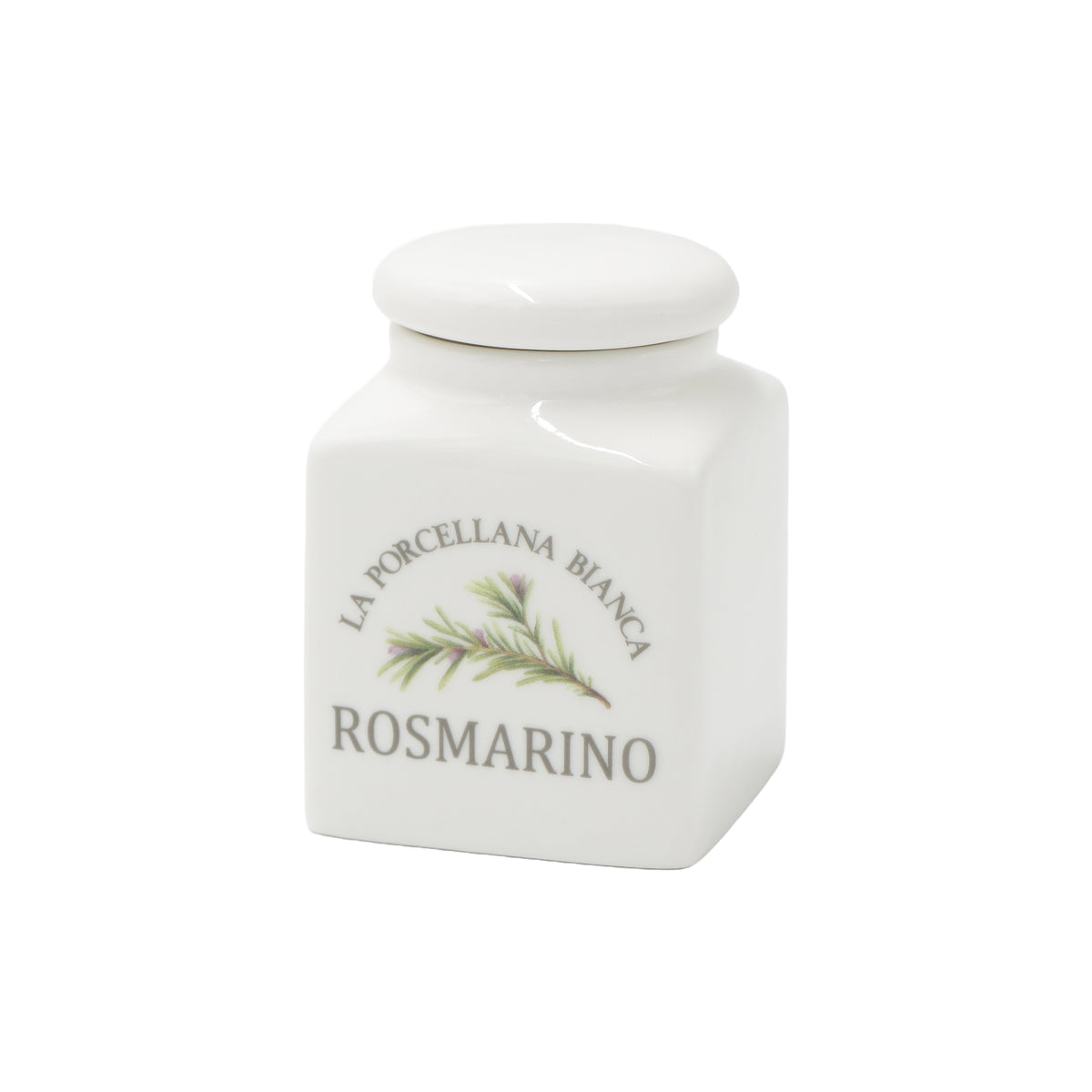 Barattolino in porcellana decorato ROSMARINO Capacità: 175 cc. Dimensioni : 6,5x6xh9 cm Portano colore in cucina i funzionali barattoli Conserva, con un’intuitiva illustrazione per catalogare spezie, tè, caffè e tisane, tutti dotati di un pratico tappo a chiusura ermetica. In negozio e online su tuttochic.live