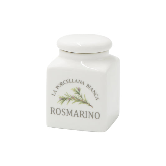 Barattolino in porcellana decorato ROSMARINO Capacità: 175 cc. Dimensioni : 6,5x6xh9 cm Portano colore in cucina i funzionali barattoli Conserva, con un’intuitiva illustrazione per catalogare spezie, tè, caffè e tisane, tutti dotati di un pratico tappo a chiusura ermetica. In negozio e online su tuttochic.live