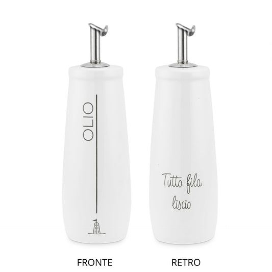Oliera in gres porcellanato con dosatore in acciaio. Dimensioni: cm Ø 6 x h 20 - Capacità 250 ml. In negozio e online su tuttochic.live