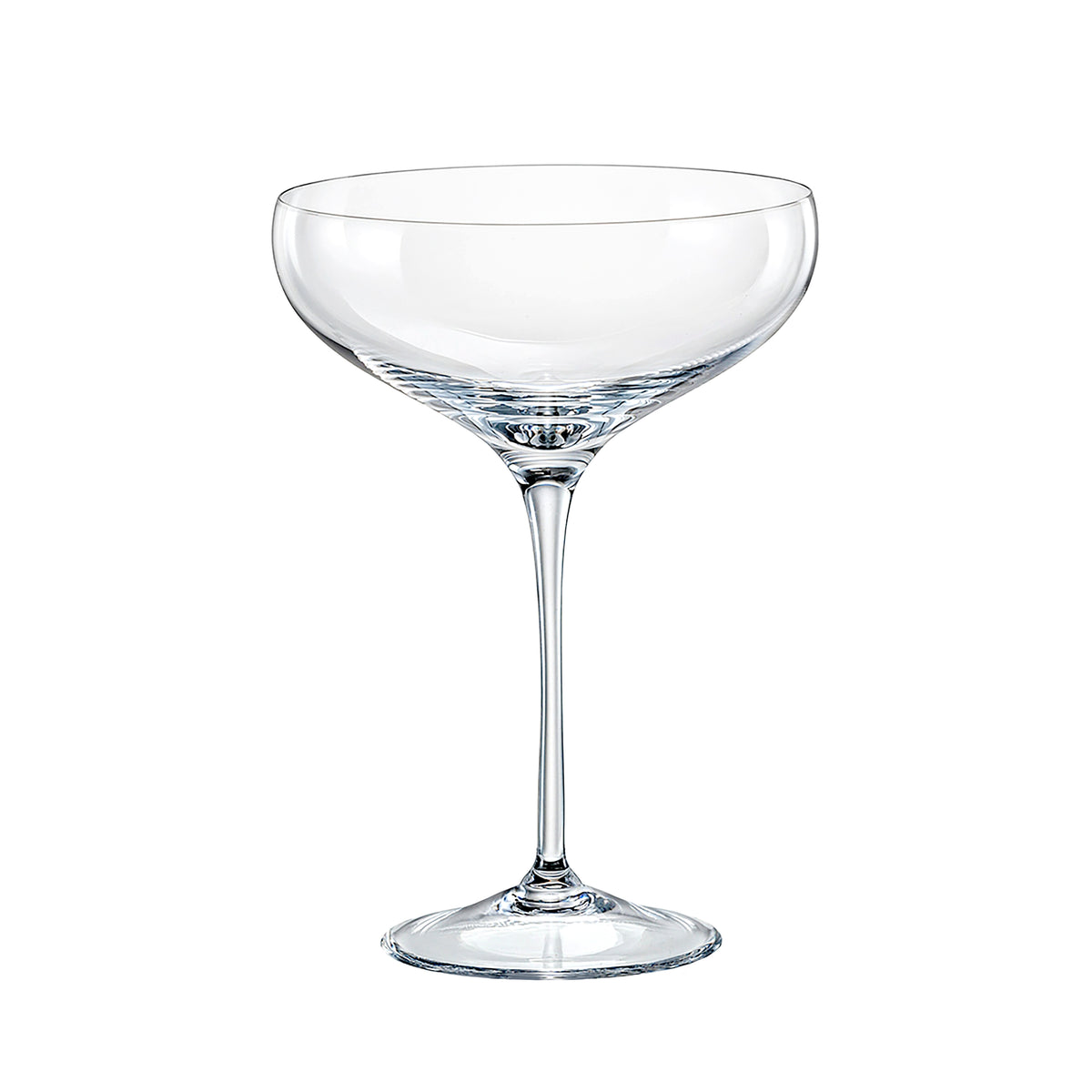 Set 6 calici da campagne o cocktail in vetro cristallino. Capacità: 290 ml. Dimensioni: Ø 12 x h 18 cm.  Lavabili in lavastoviglie. In negozio e online su tuttochic.live