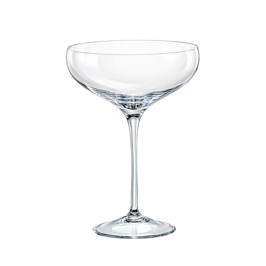 Set 6 calici da campagne o cocktail in vetro cristallino. Capacità: 290 ml. Dimensioni: Ø 12 x h 18 cm.  Lavabili in lavastoviglie. In negozio e online su tuttochic.live