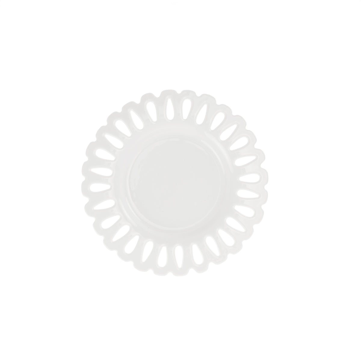 Raffinato piattino Giulietta, in pregiata porcellana bianca traforata. Lavabili in lavastoviglie Dimensioni: Ø 15 cm x h 2. In negozio e online su tuttochic.live 