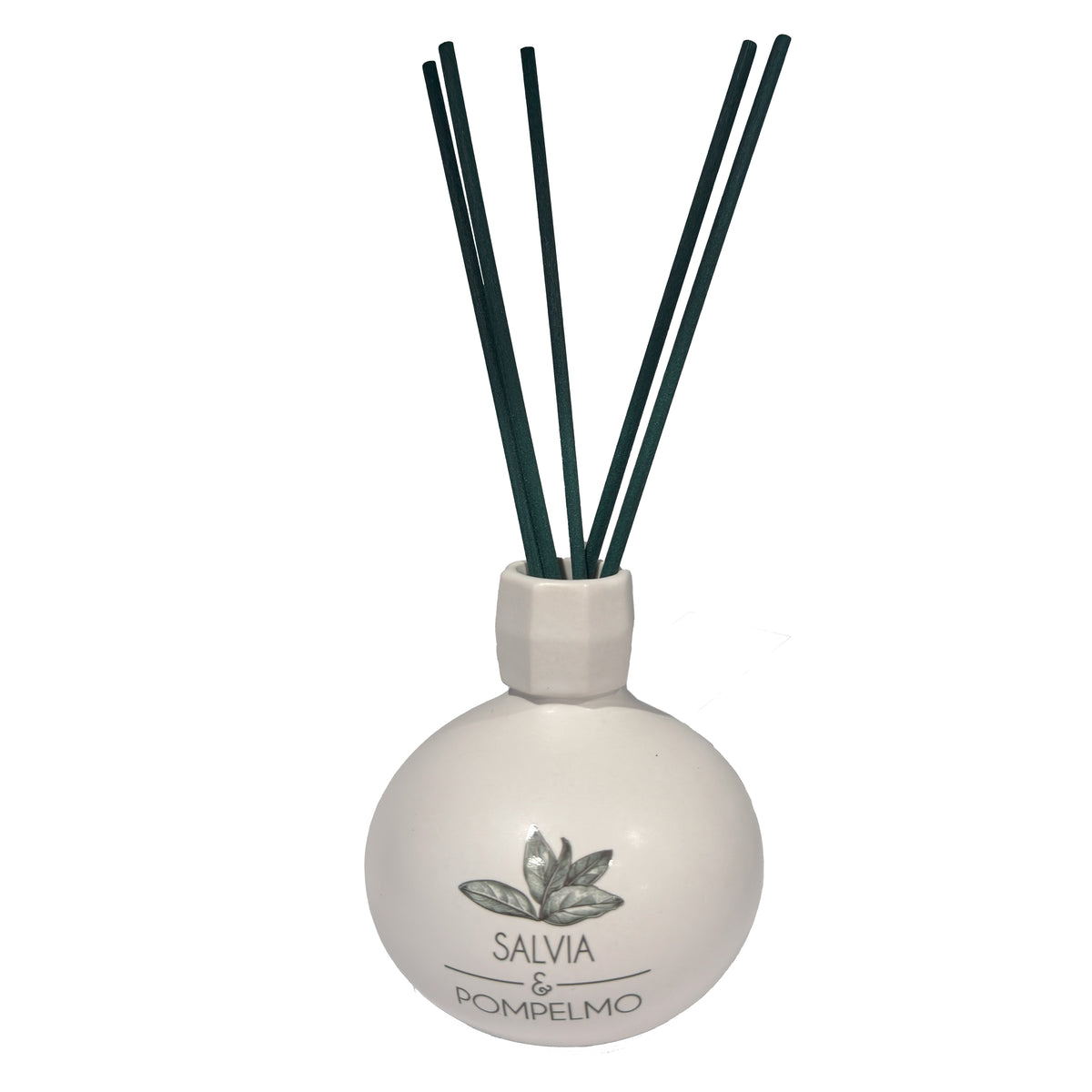 Diffusore di profumo per ambiente Salvia e Pompelmo in porcellana bianca decorata con bastoncini. Capacità: 120 ml. In negozio e online su tuttochic.live