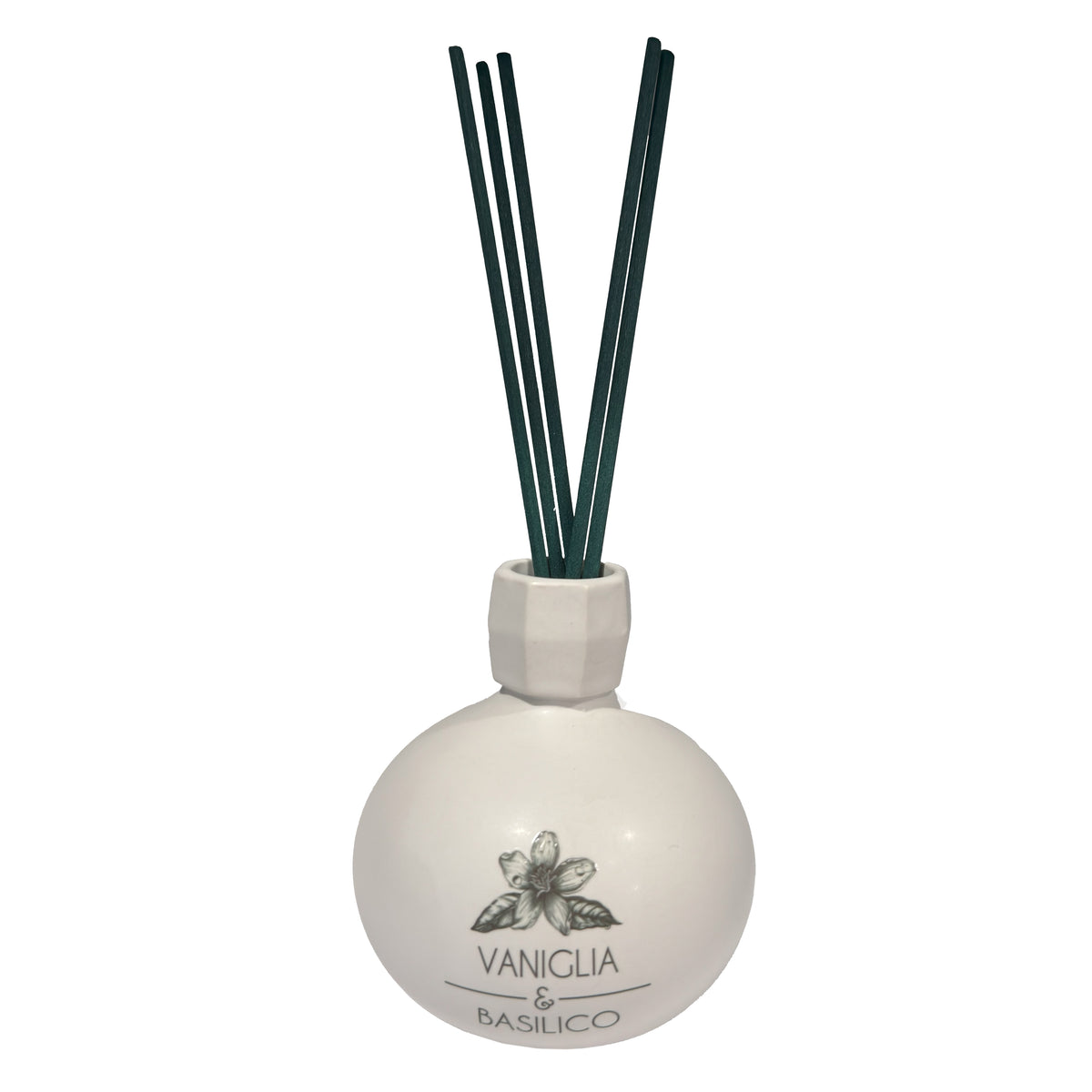 Diffusore di profumo per ambiente Vaniglia e Basilico in porcellana bianca decorata con bastoncini. Capacità: 120 ml. In negozio e online su tuttochic.live