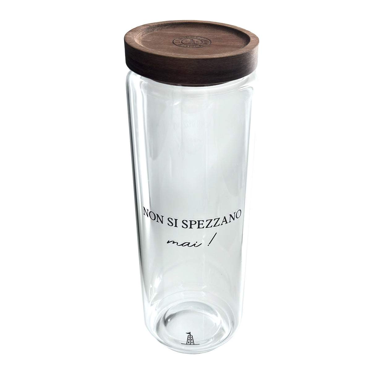 Barattolo per spaghetti in vetro borosilicato trasparente decorato con tappo ermetico in legno scuro cm ø 9 x h 29,5 - 1300 ml. In negozio e online su tuttochic.live