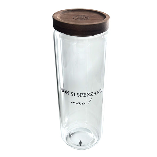 Barattolo per spaghetti in vetro borosilicato trasparente decorato con tappo ermetico in legno scuro cm ø 9 x h 29,5 - 1300 ml. In negozio e online su tuttochic.live