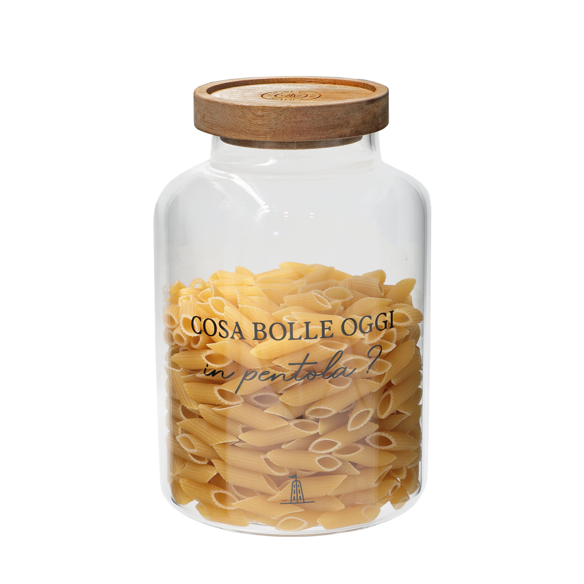 Barattolo per pasta in vetro borosilicato trasparente decorato con tappo ermetico in legno scuro cm ø 13 x h 20 - 1800 ml. In negozio e online su tuttochic.live